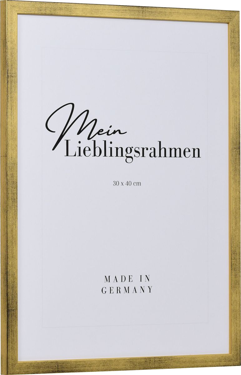 Seitenansicht eines schmalen, gold lackierten Bilderrahmens mit sichtbarer Holzstruktur und glatter Oberfläche